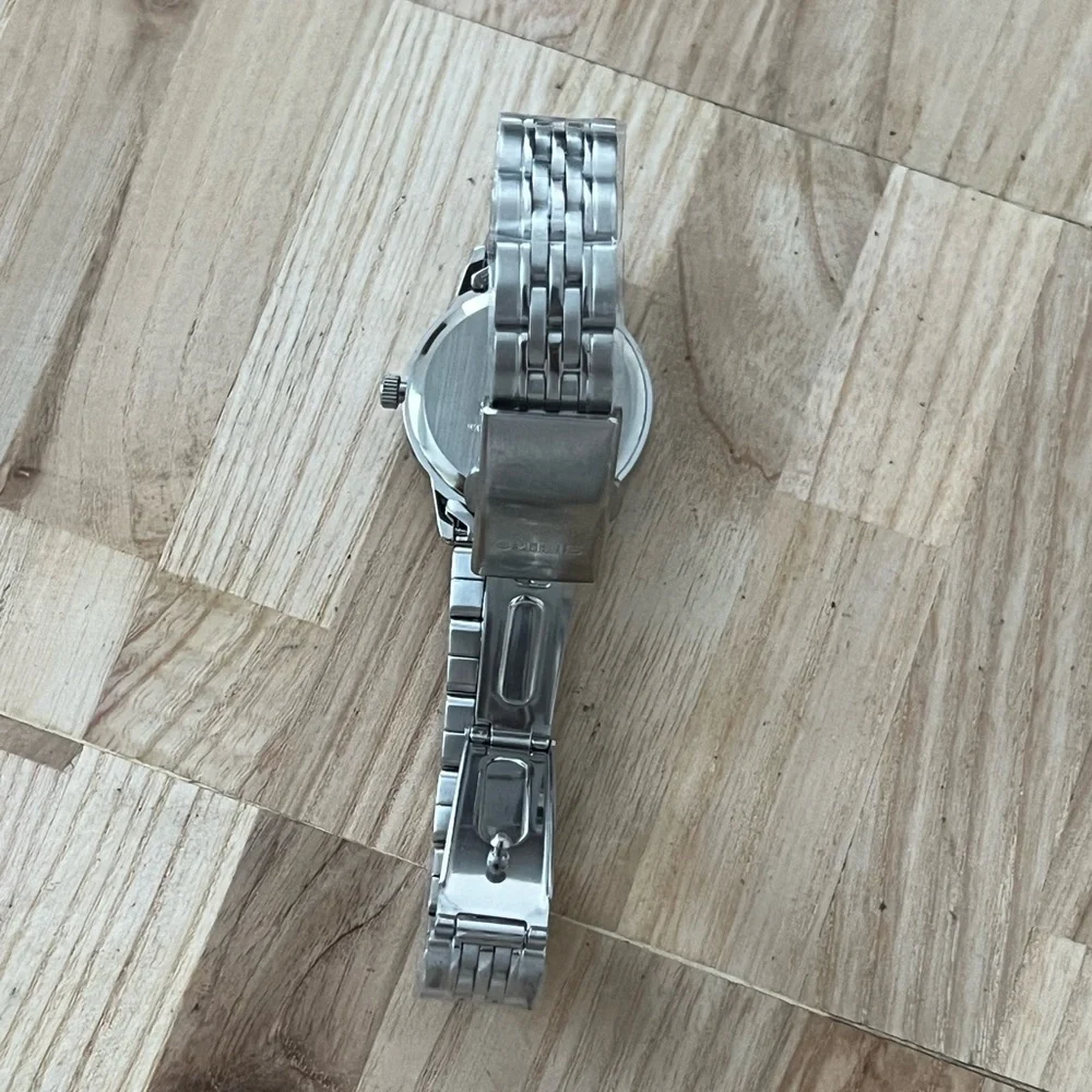 Seiko Ladies Watch Black Dial with Train Motif Stainless Bracelet and Hands